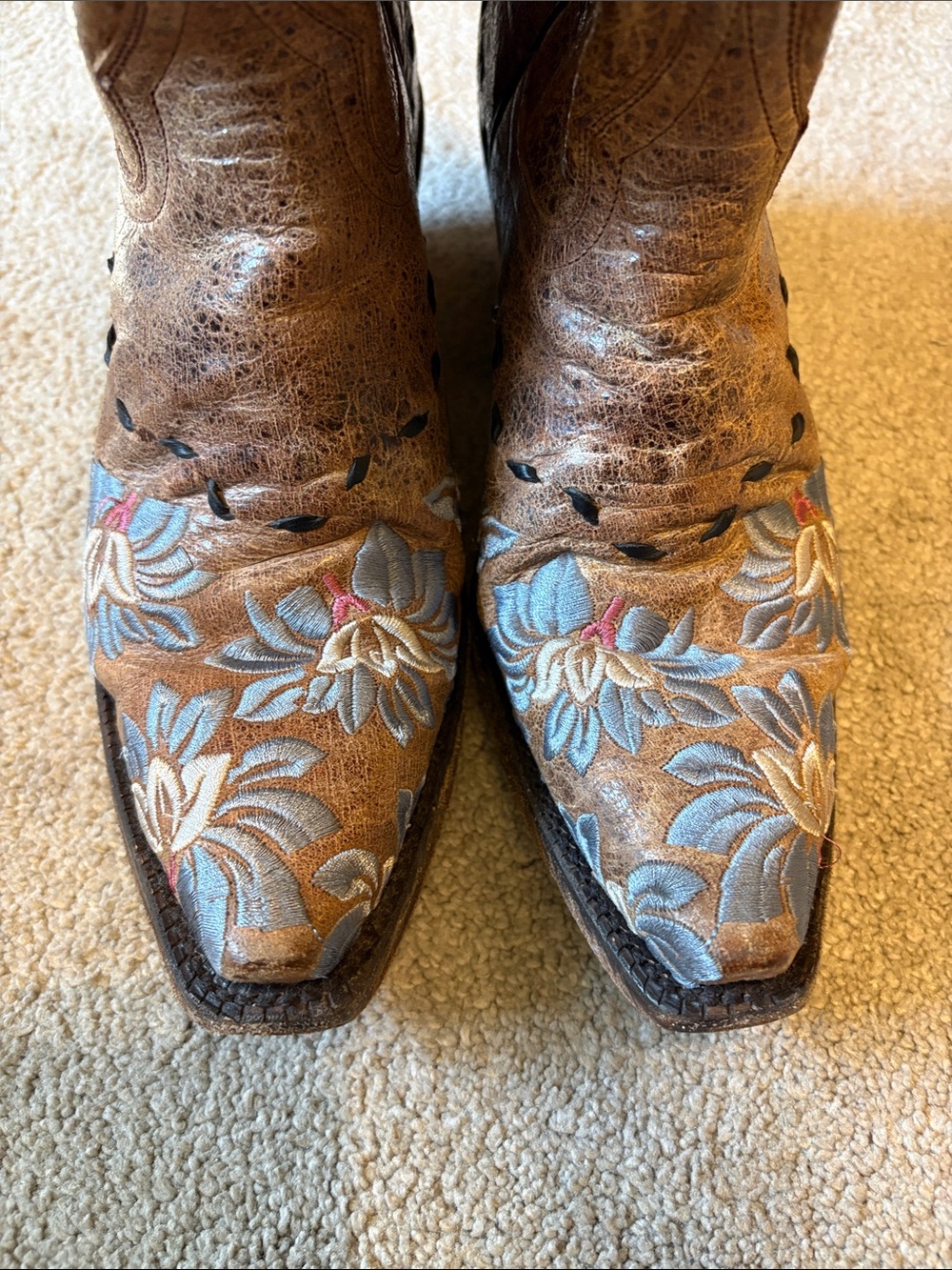Dan Post Women’s Embroidered Brown Leather Cowboy Boots with Blue Floral Accents - Picture 4 of 5